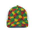 Classic Hemp Leaves Reggae Pattern Print White Mesh Trucker Hat