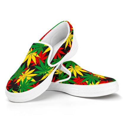 Classic Hemp Leaves Reggae Pattern Print White Slip On Sneakers
