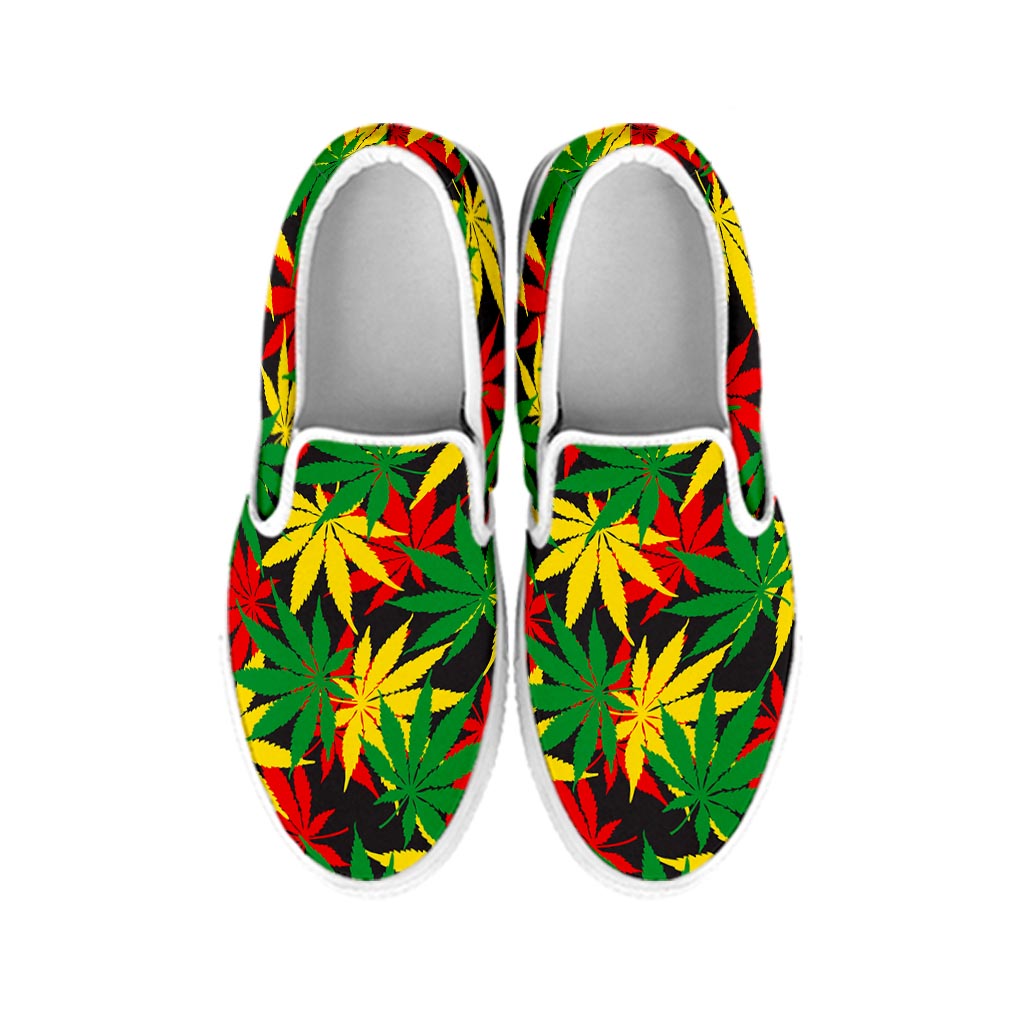Classic Hemp Leaves Reggae Pattern Print White Slip On Sneakers
