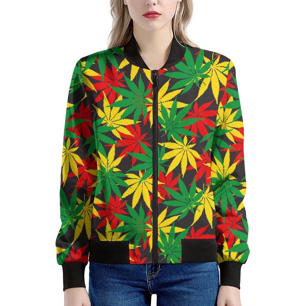 Classic Hemp Leaves Reggae Pattern Print Women's Bomber Jacket