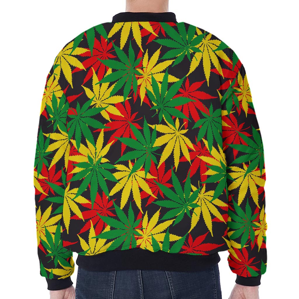 Classic Hemp Leaves Reggae Pattern Print Zip Sleeve Bomber Jacket