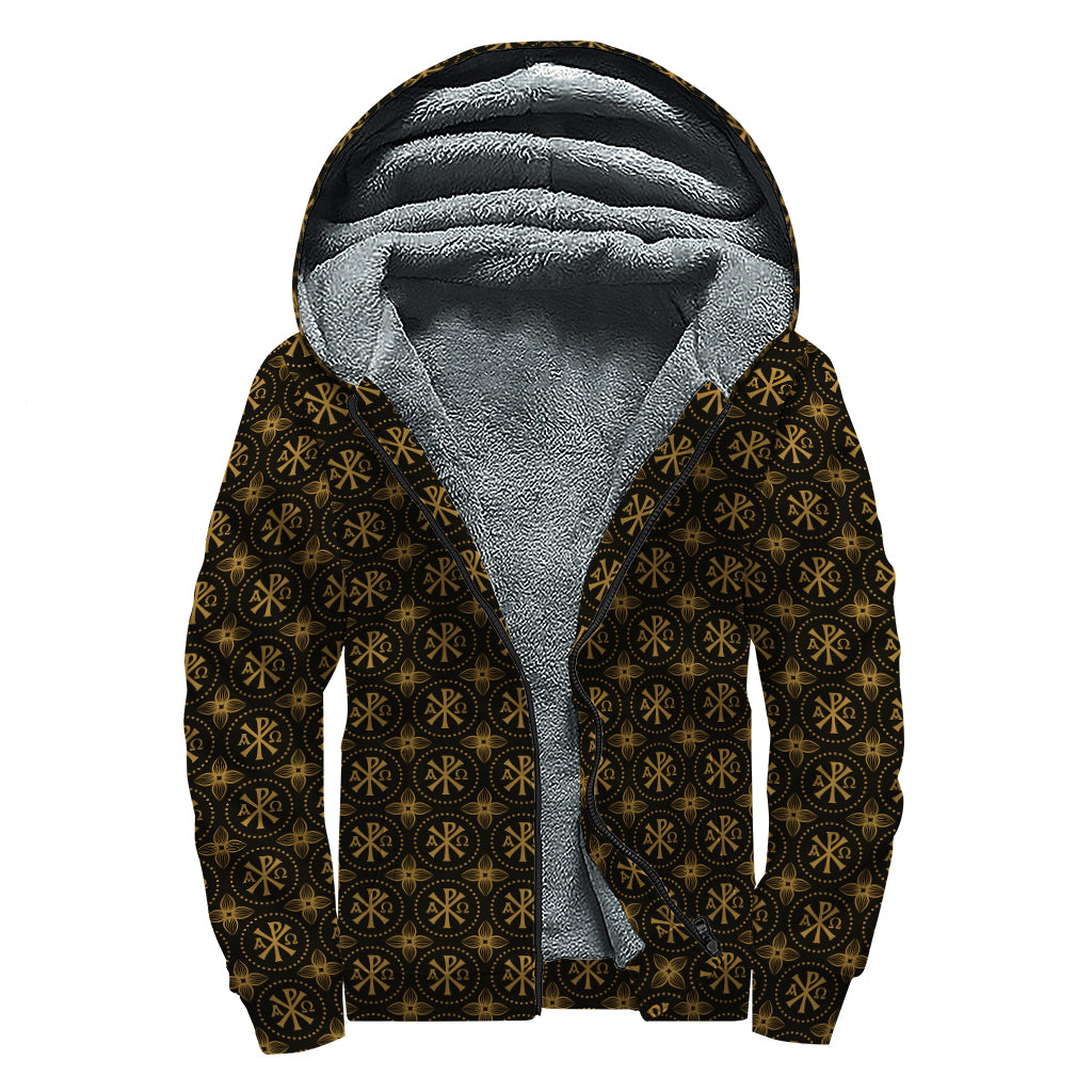 Classic Orthodox Pattern Print Sherpa Lined Zip Up Hoodie