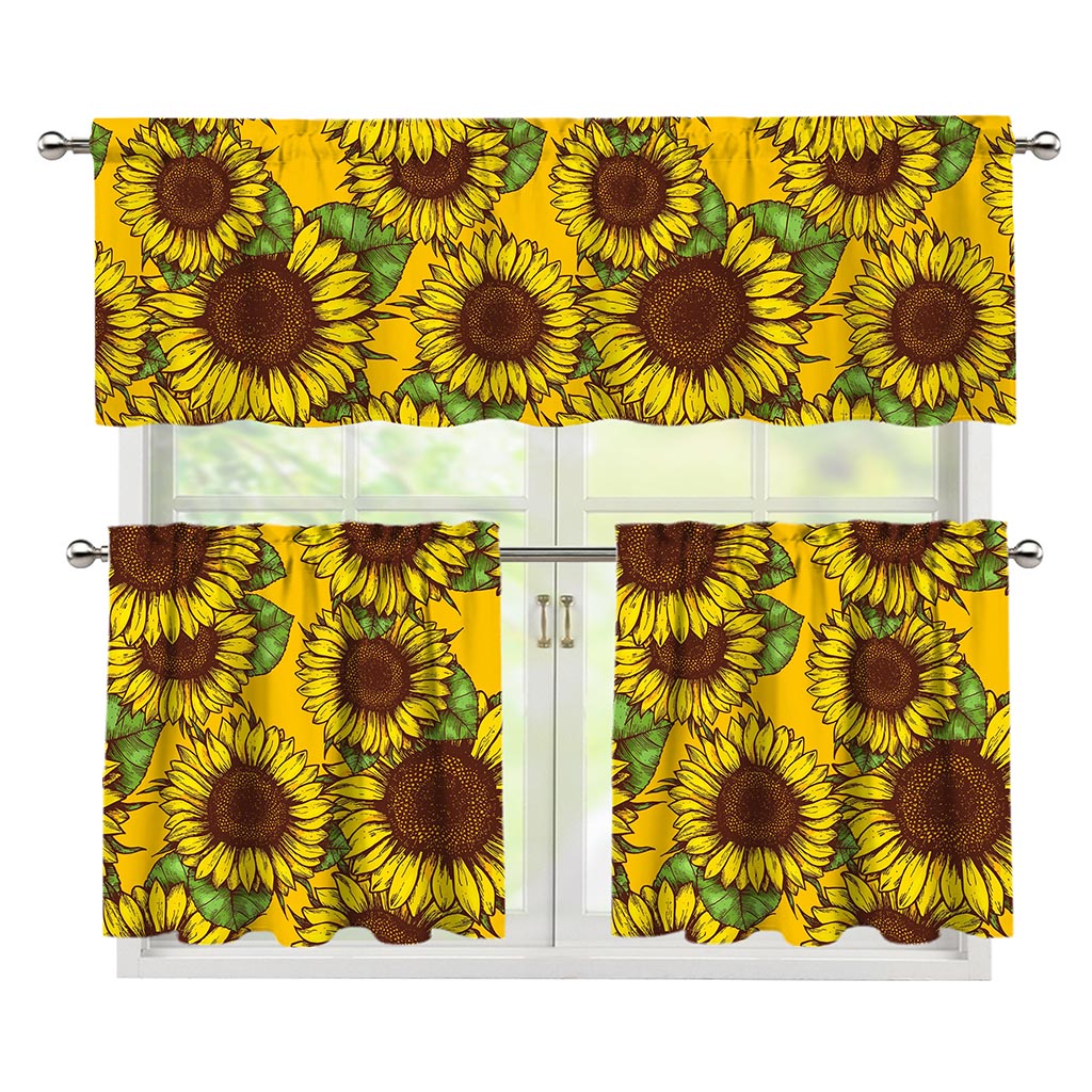 Classic Vintage Sunflower Pattern Print 3 Piece Kitchen Curtains