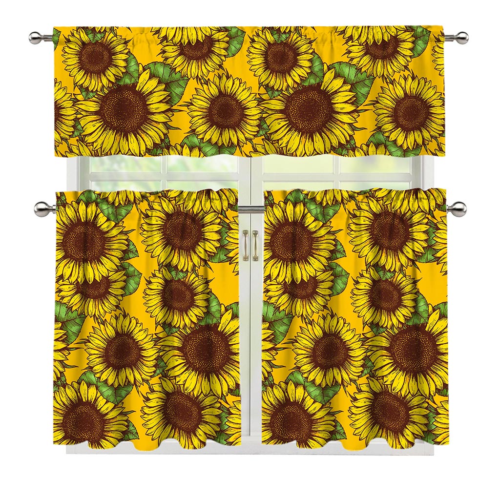 Classic Vintage Sunflower Pattern Print 3 Piece Kitchen Curtains