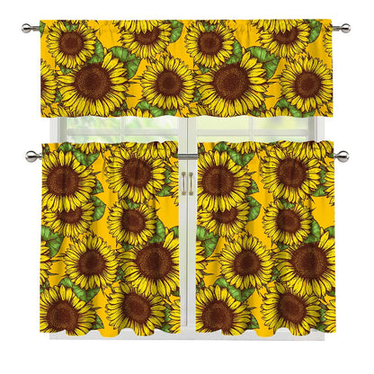 Classic Vintage Sunflower Pattern Print 3 Piece Kitchen Curtains