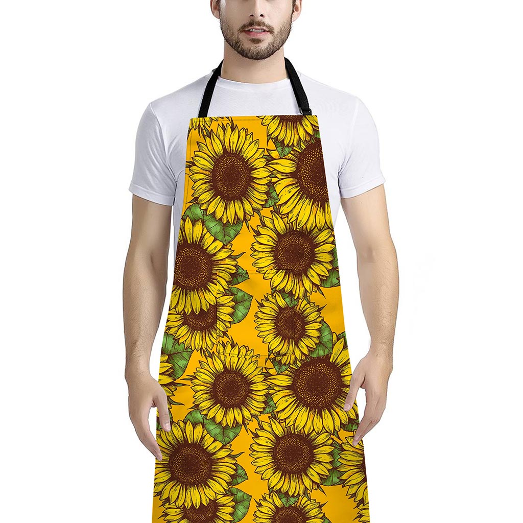 Classic Vintage Sunflower Pattern Print Bib Apron With Pocket