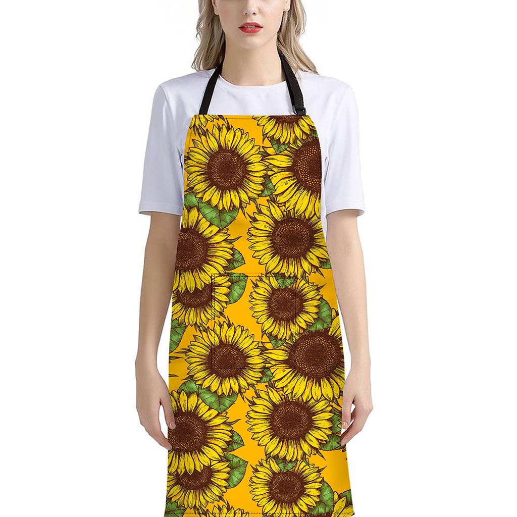 Classic Vintage Sunflower Pattern Print Bib Apron With Pocket