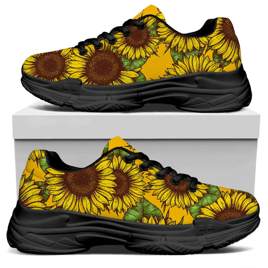 Classic Vintage Sunflower Pattern Print Black Chunky Shoes