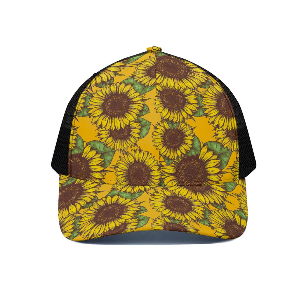 Classic Vintage Sunflower Pattern Print Black Mesh Trucker Cap