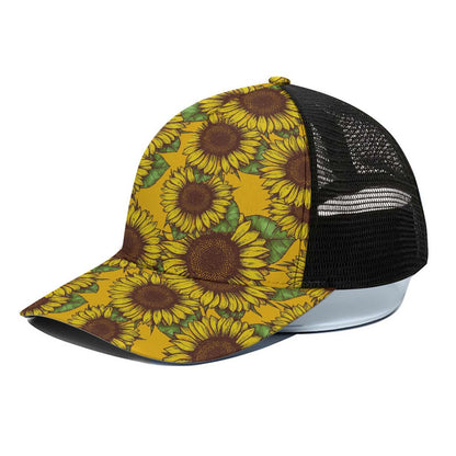 Classic Vintage Sunflower Pattern Print Black Mesh Trucker Cap