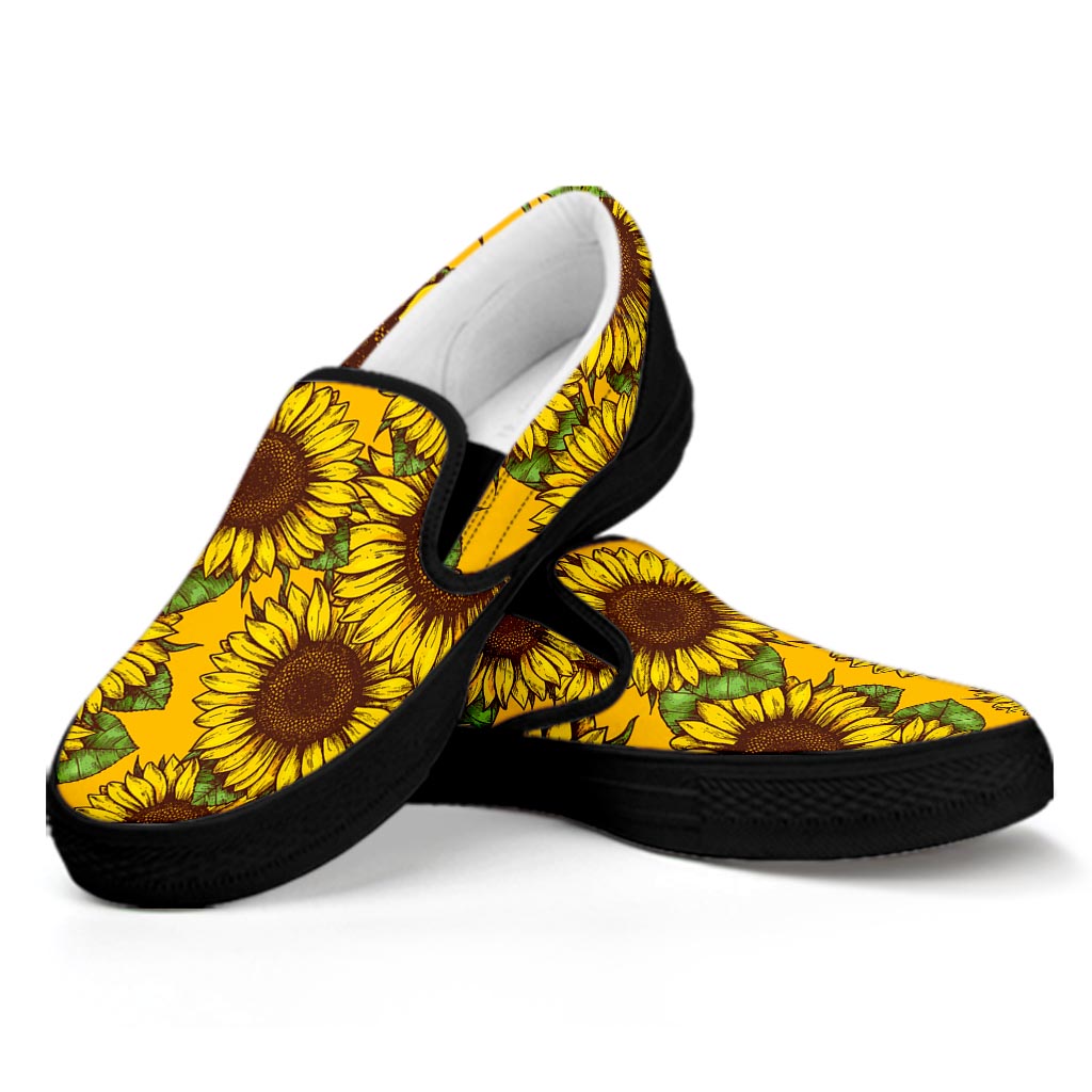 Classic Vintage Sunflower Pattern Print Black Slip On Sneakers
