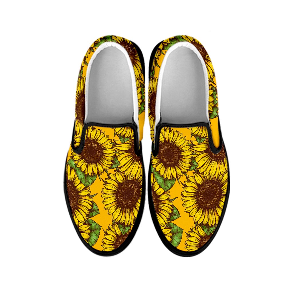 Classic Vintage Sunflower Pattern Print Black Slip On Sneakers