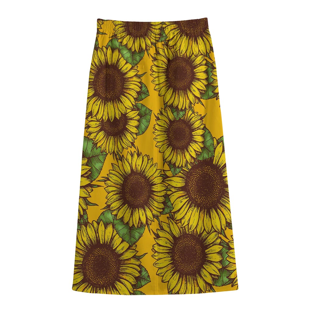 Classic Vintage Sunflower Pattern Print Cotton Front Slit Maxi Skirt