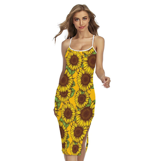 Classic Vintage Sunflower Pattern Print Cross Back Cami Dress