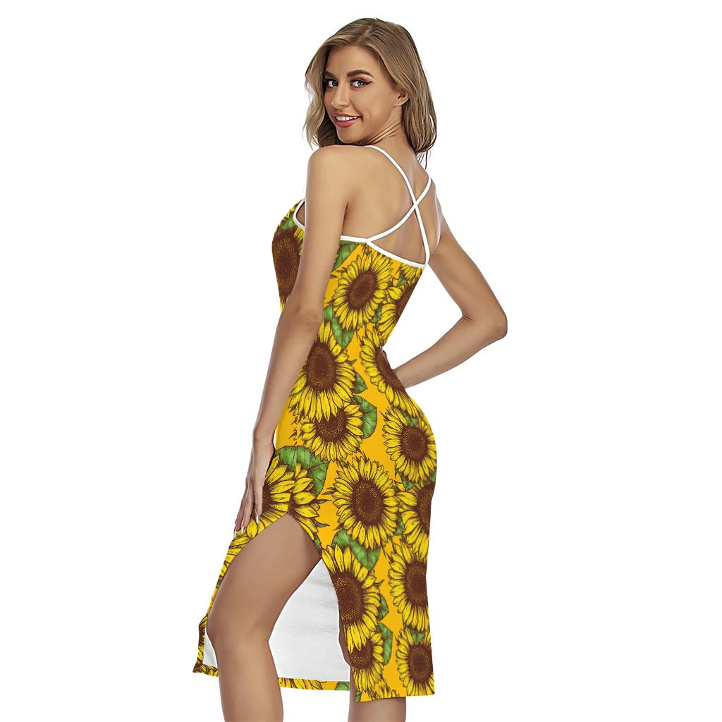 Classic Vintage Sunflower Pattern Print Cross Back Cami Dress
