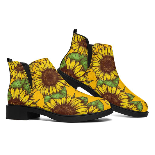 Classic Vintage Sunflower Pattern Print Flat Ankle Boots