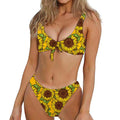 Classic Vintage Sunflower Pattern Print Front Bow Tie Bikini