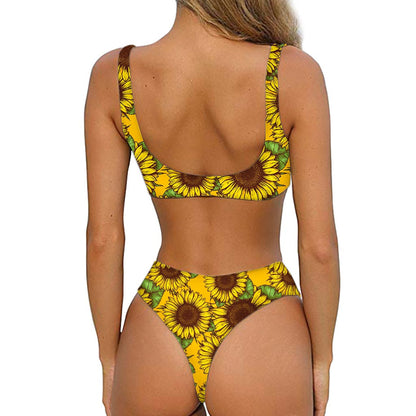 Classic Vintage Sunflower Pattern Print Front Bow Tie Bikini