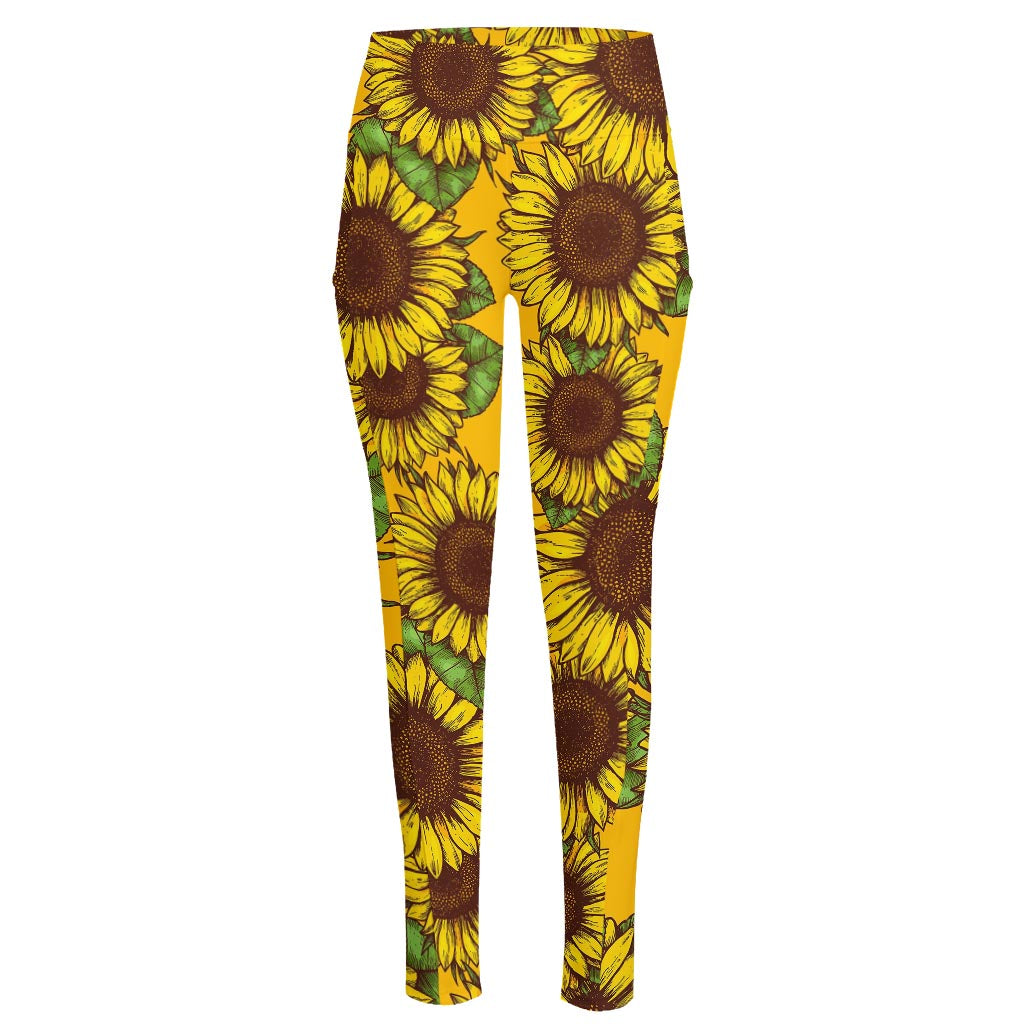 Classic Vintage Sunflower Pattern Print High-Waisted Pocket Leggings