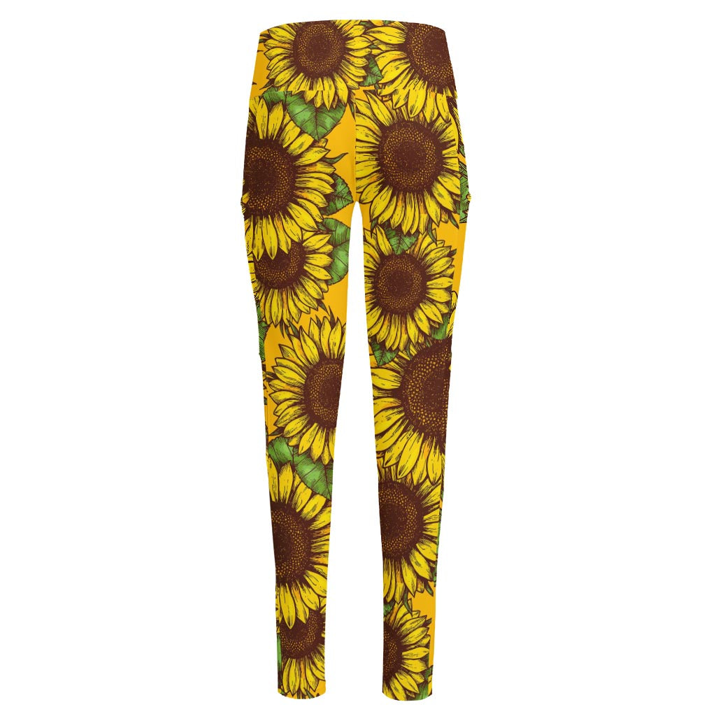 Classic Vintage Sunflower Pattern Print High-Waisted Pocket Leggings