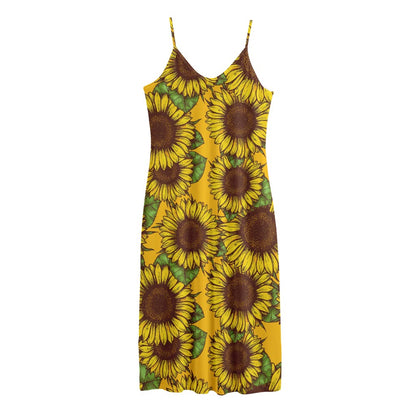 Classic Vintage Sunflower Pattern Print Jersey Midi Cami Dress