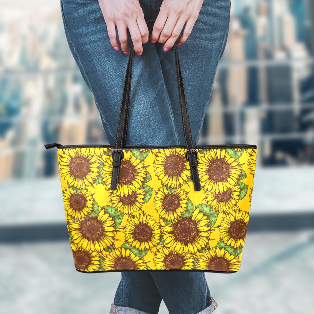 Classic Vintage Sunflower Pattern Print Leather Tote Bag