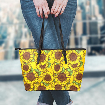 Classic Vintage Sunflower Pattern Print Leather Tote Bag