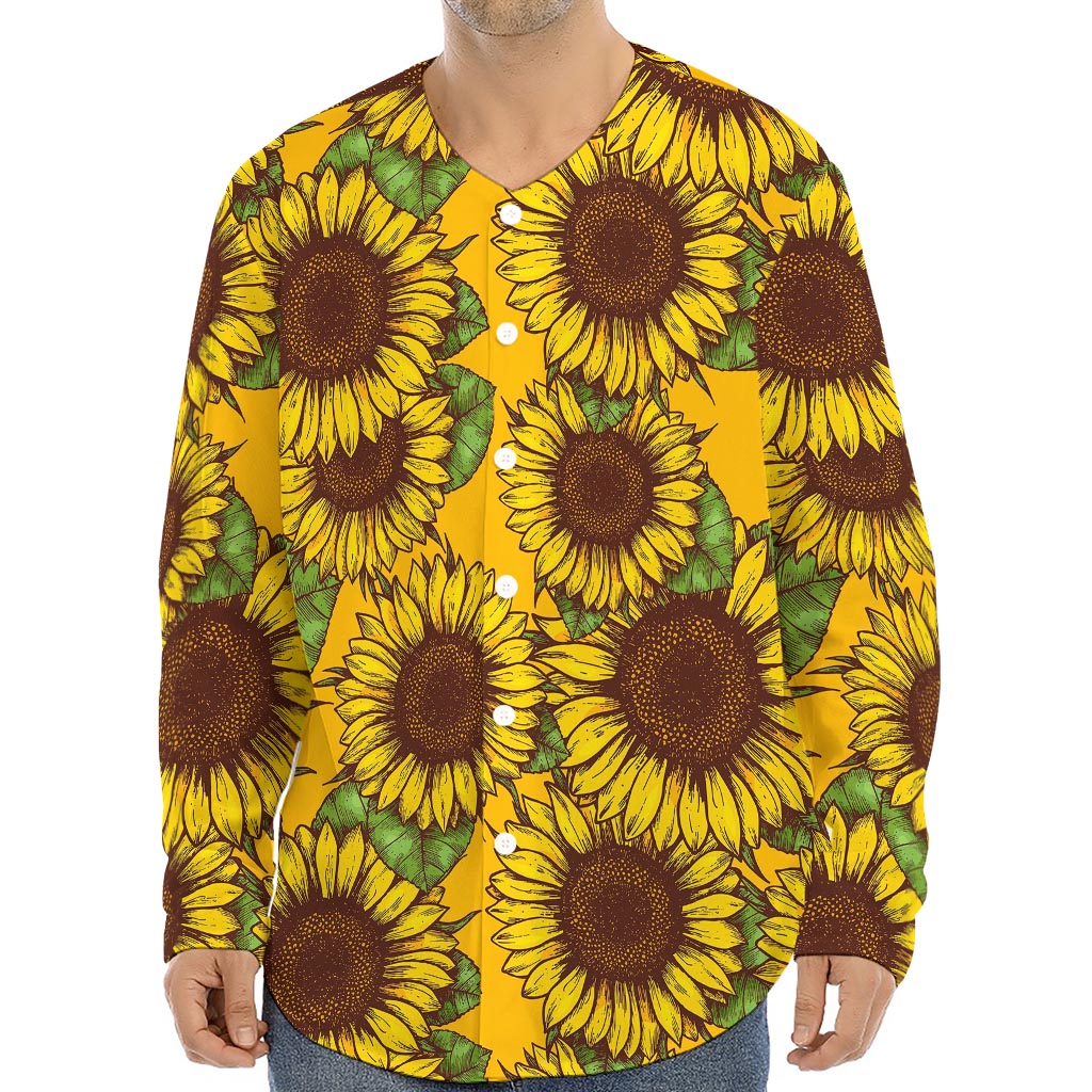 Classic Vintage Sunflower Pattern Print Long Sleeve Baseball Jersey