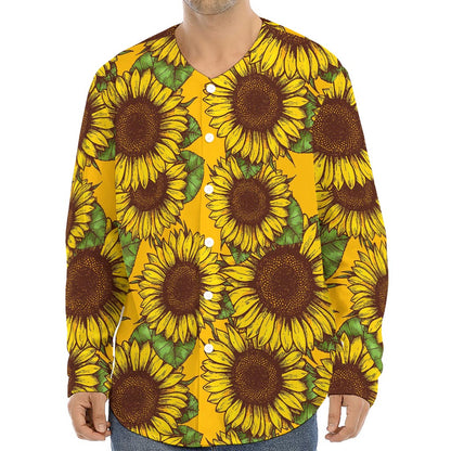 Classic Vintage Sunflower Pattern Print Long Sleeve Baseball Jersey