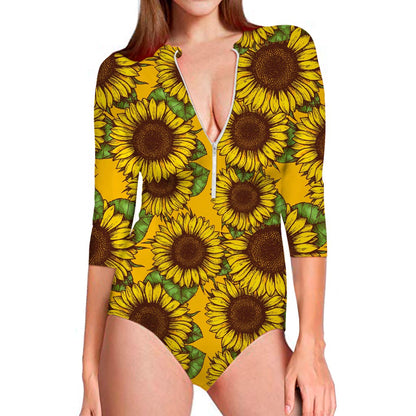 Classic Vintage Sunflower Pattern Print Long Sleeve Swimsuit
