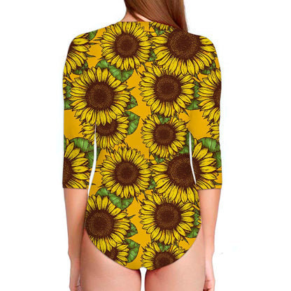 Classic Vintage Sunflower Pattern Print Long Sleeve Swimsuit