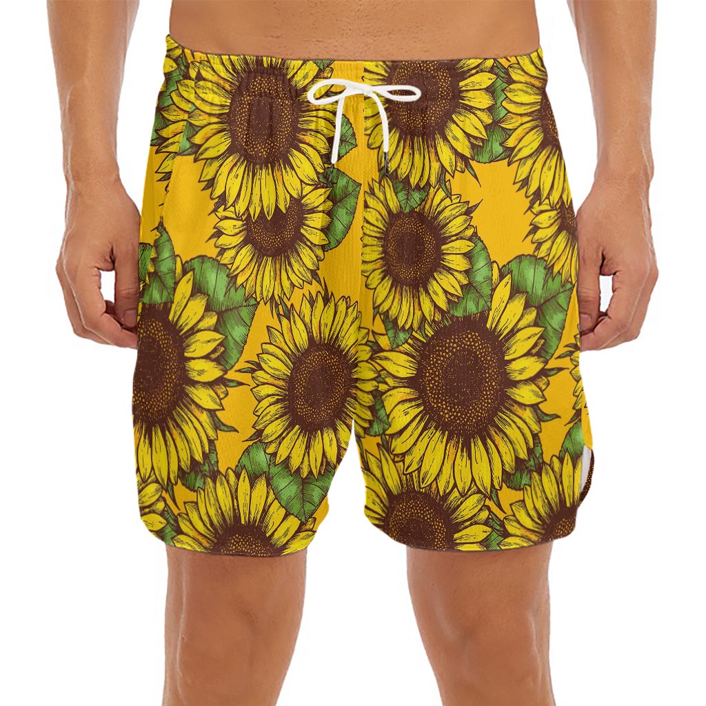 Classic Vintage Sunflower Pattern Print Men's Split Running Shorts