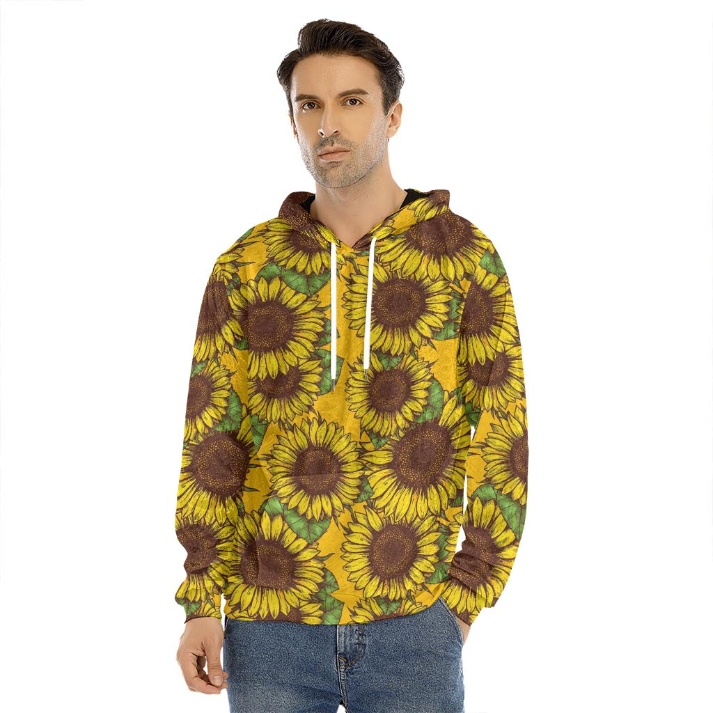Classic Vintage Sunflower Pattern Print Men's Velvet Pullover Hoodie