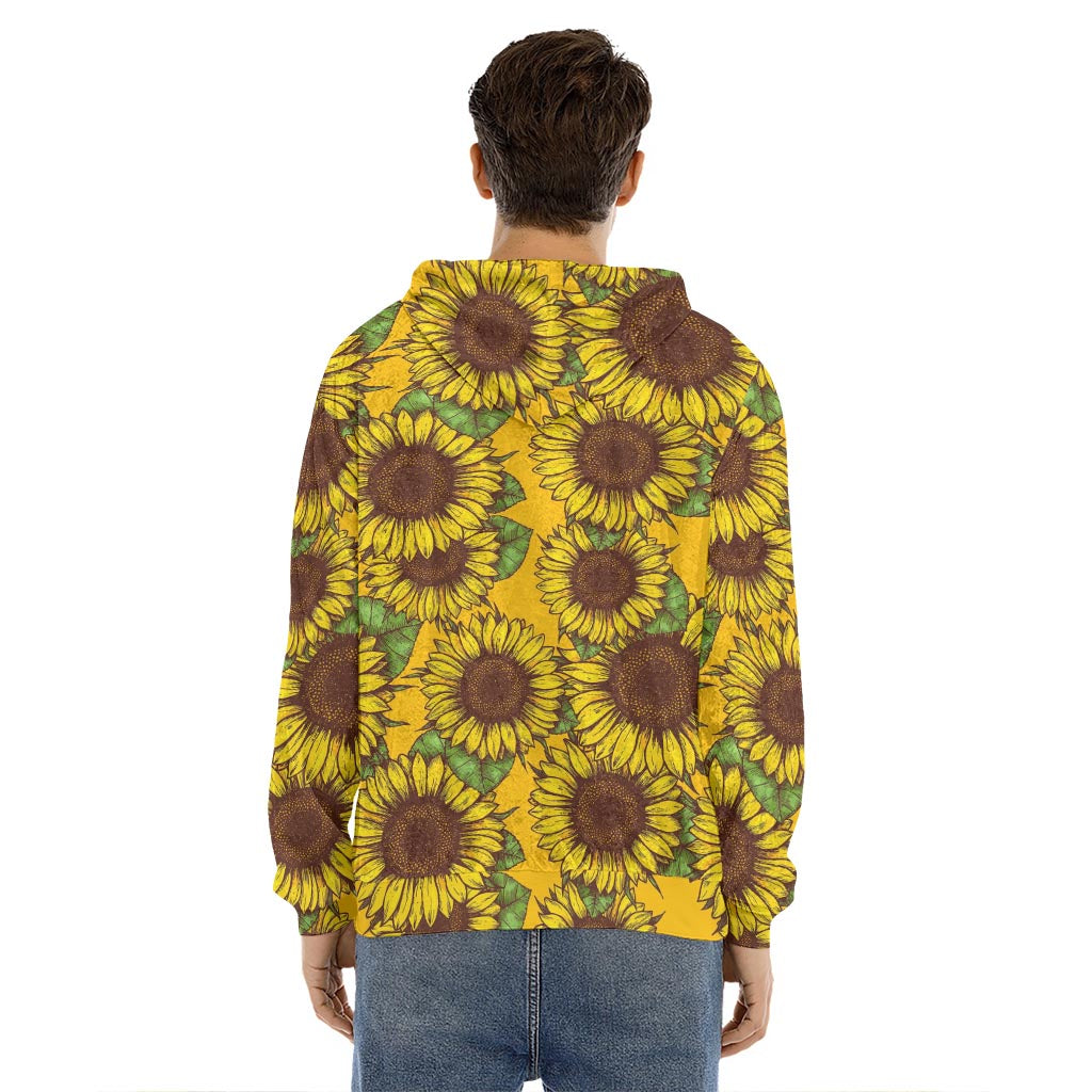 Classic Vintage Sunflower Pattern Print Men's Velvet Pullover Hoodie