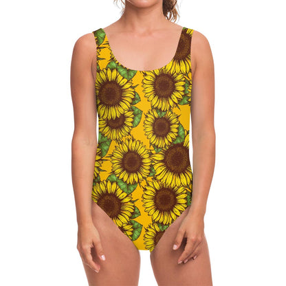 Classic Vintage Sunflower Pattern Print One Piece Swimsuit