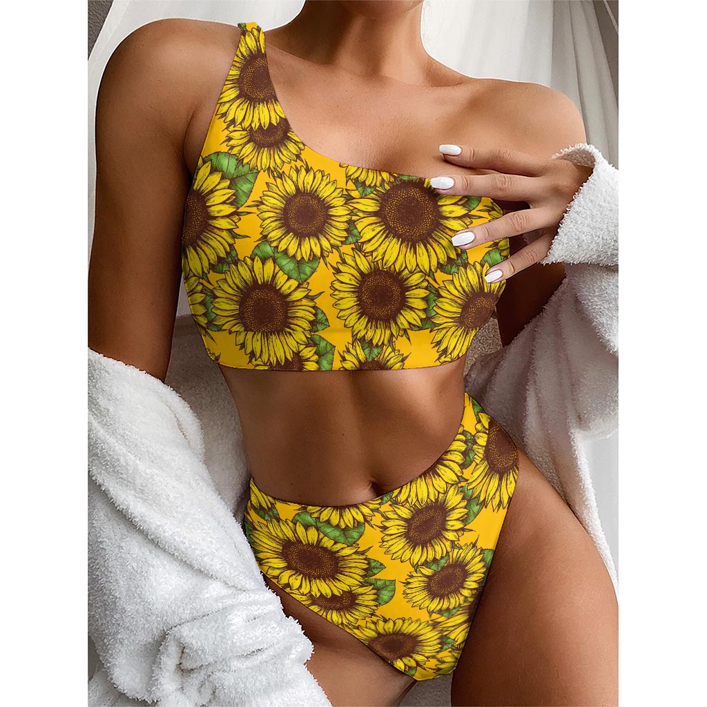Classic Vintage Sunflower Pattern Print One Shoulder Bikini Top
