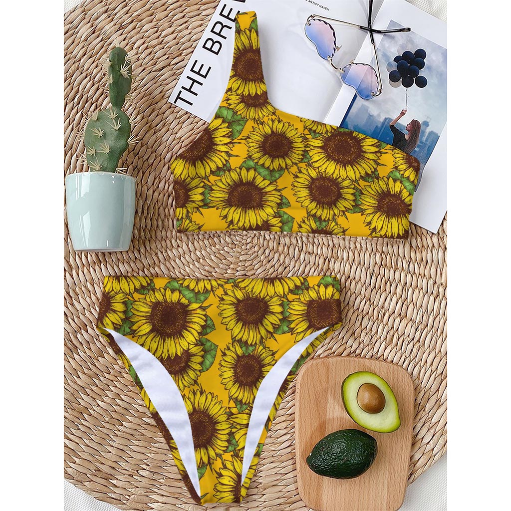 Classic Vintage Sunflower Pattern Print One Shoulder Bikini Top