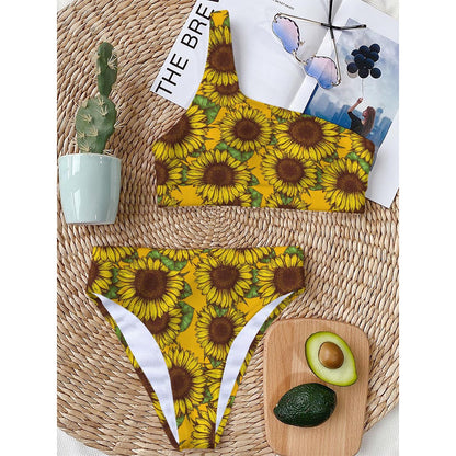 Classic Vintage Sunflower Pattern Print One Shoulder Bikini Top