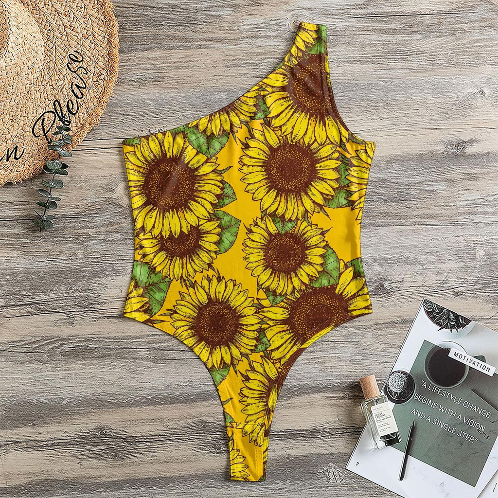 Classic Vintage Sunflower Pattern Print One Shoulder Bodysuit