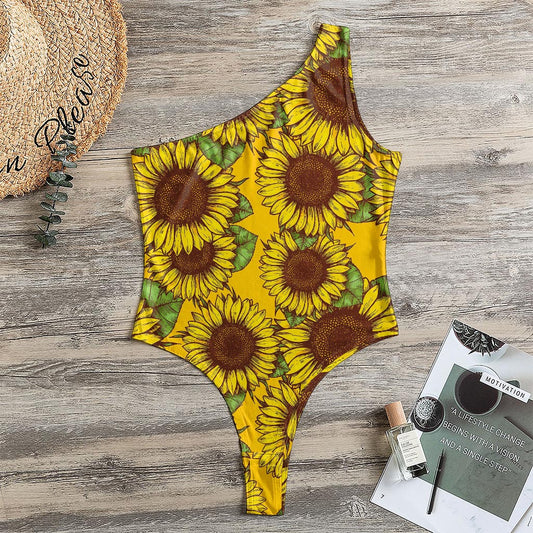 Classic Vintage Sunflower Pattern Print One Shoulder Bodysuit