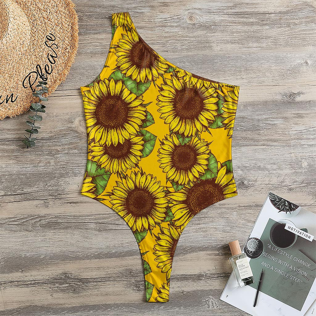 Classic Vintage Sunflower Pattern Print One Shoulder Bodysuit