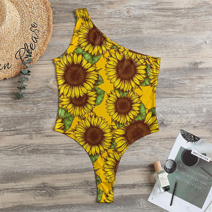 Classic Vintage Sunflower Pattern Print One Shoulder Bodysuit