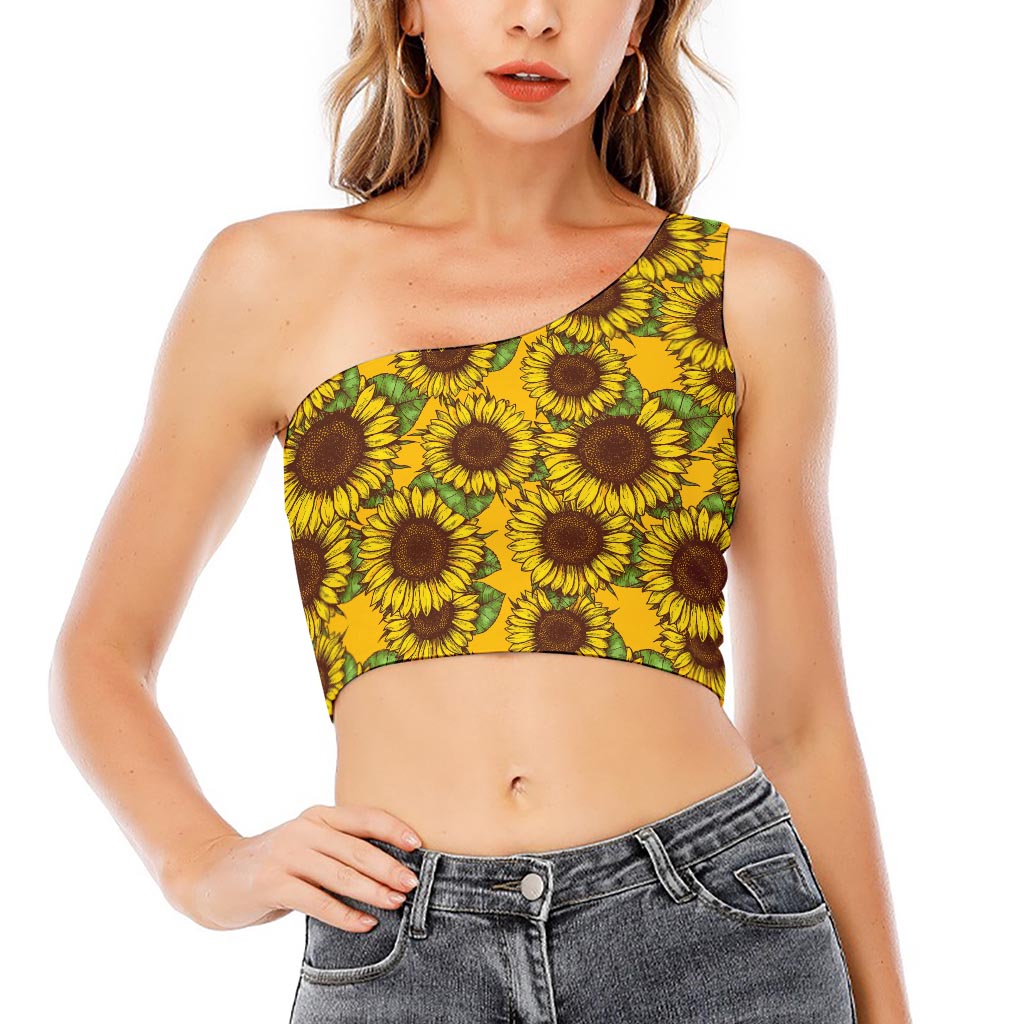 Classic Vintage Sunflower Pattern Print One Shoulder Crop Top
