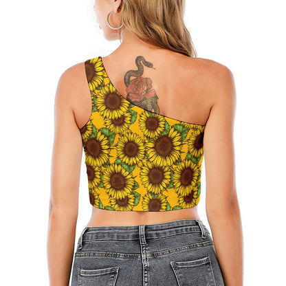 Classic Vintage Sunflower Pattern Print One Shoulder Crop Top