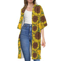 Classic Vintage Sunflower Pattern Print Open Front Beach Cover Up