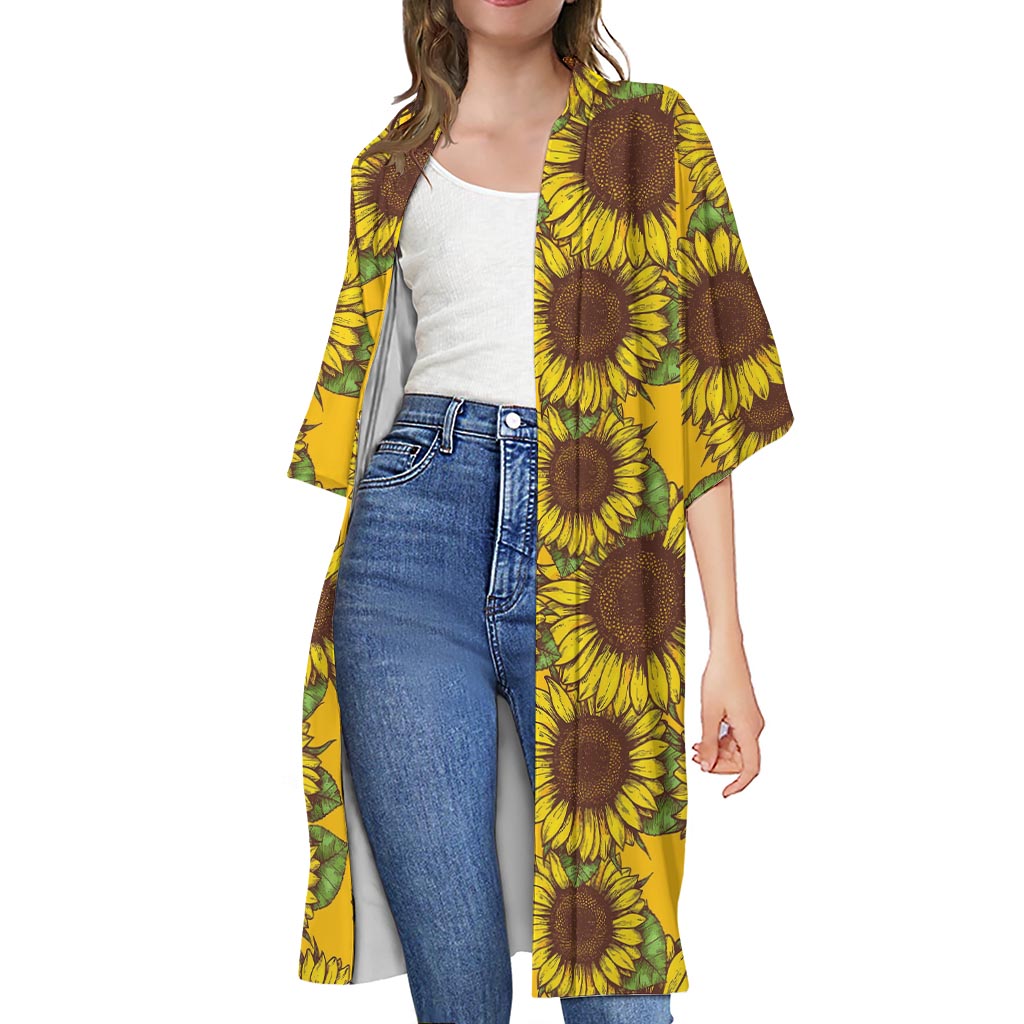 Classic Vintage Sunflower Pattern Print Open Front Beach Cover Up