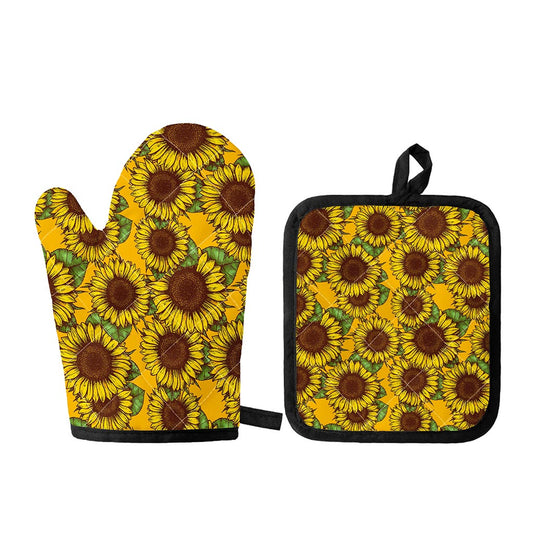 Classic Vintage Sunflower Pattern Print Oven Mitt And Pot Holder Set