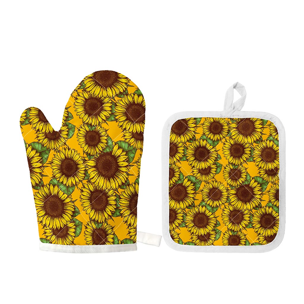 Classic Vintage Sunflower Pattern Print Oven Mitt And Pot Holder Set