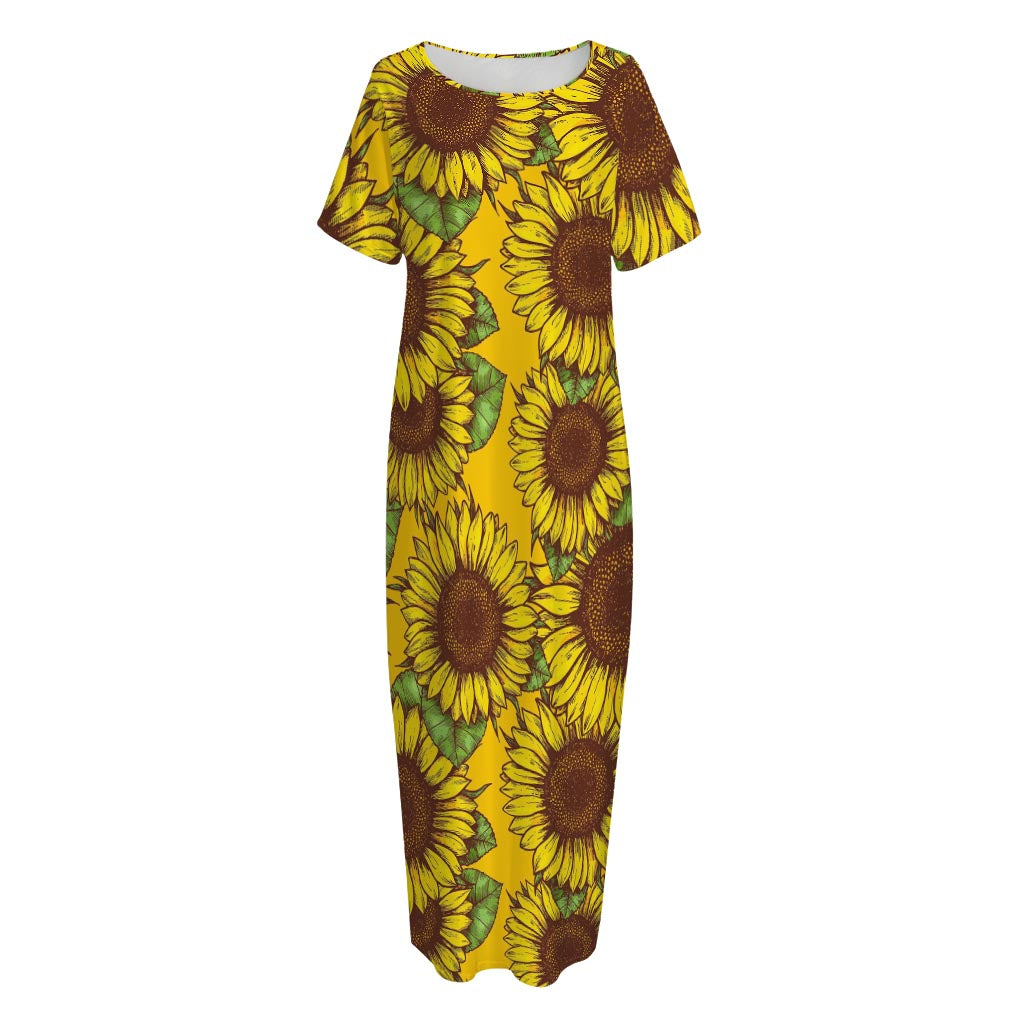 Classic Vintage Sunflower Pattern Print Short Sleeve Long Nightdress