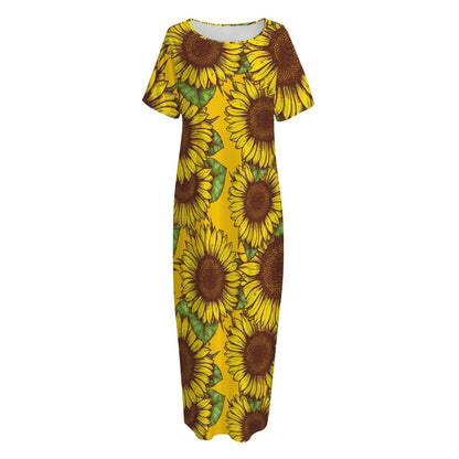 Classic Vintage Sunflower Pattern Print Short Sleeve Long Nightdress